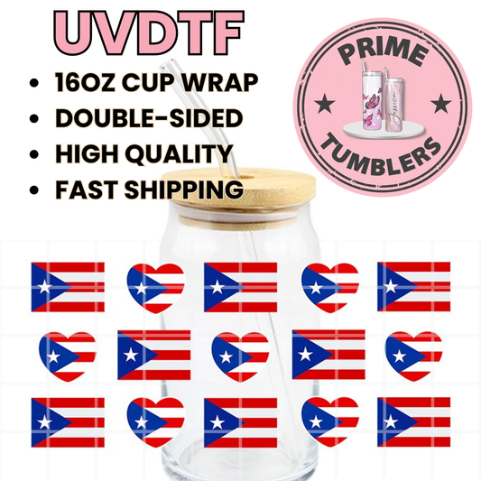Puerto RICO flag hearts 16oz UVDTF cup wrap, ready to apply STICKERS
