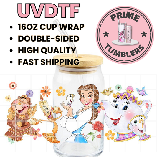 Disney Princess movie Beauty Belle and the Beast 16oz Libbey Glass Cup Wrap UVDTF, Ready to apply decal STICKERS Princess Belle (Princess) Lumière (Candelabra) Cogsworth (Clock) Mrs. Potts (Teapot) Chip (Teacup)