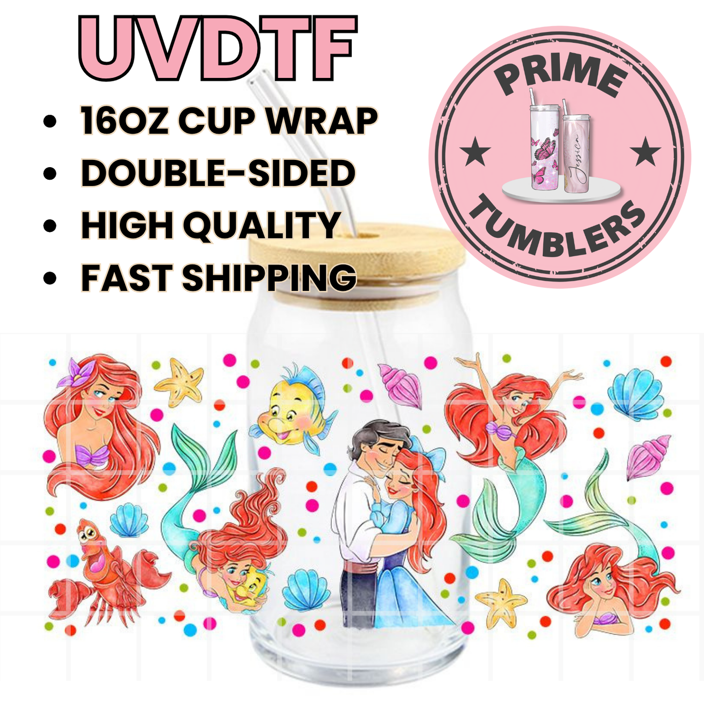 Disney's The Little Mermaid LOVE 16oz glass can UVDTF cup wrap, ready to apply STICKERS decals Ariel, Prince Eric, Flounder, and Sebastian