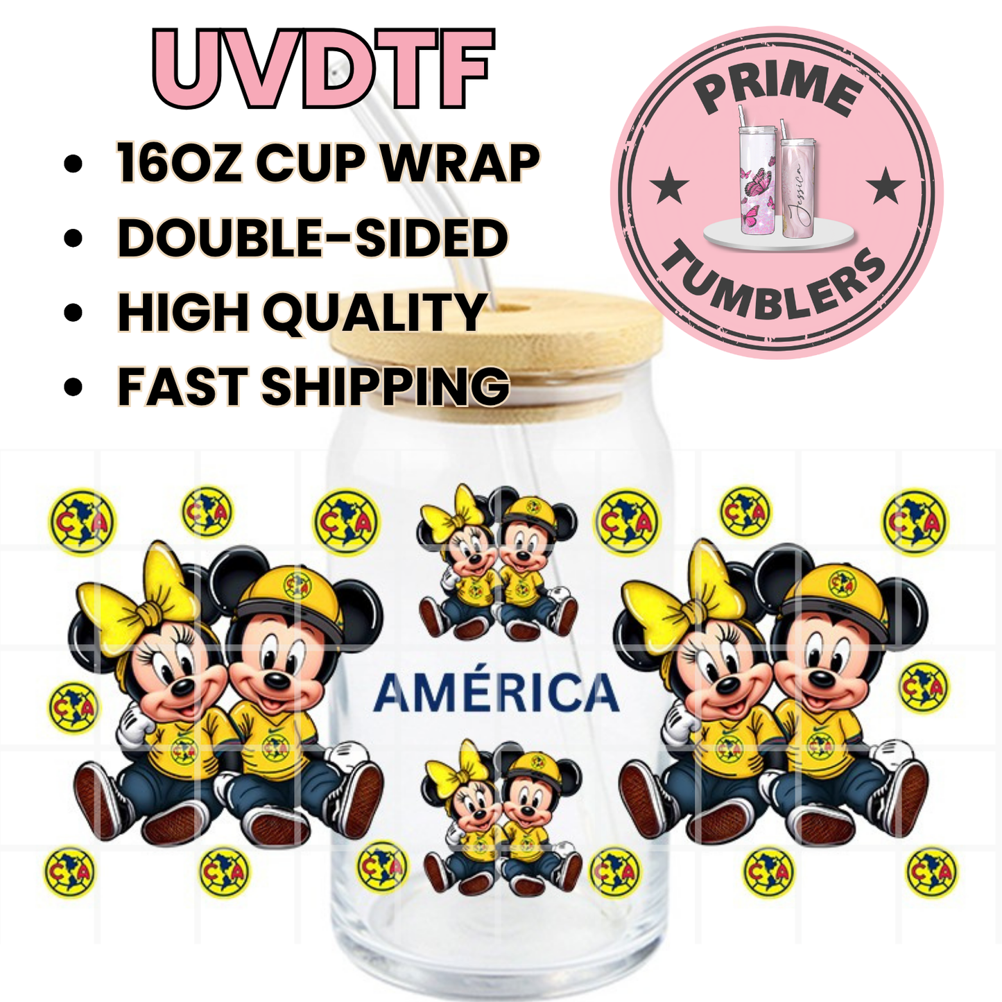 Mickey and MINNIE mouse America Mexico soccer team Ready-to-Press UVDTF Transfers, Cup Wrap Decals, Tumbler Prints, 16oz Libbey Glass UV STICKERS Disney