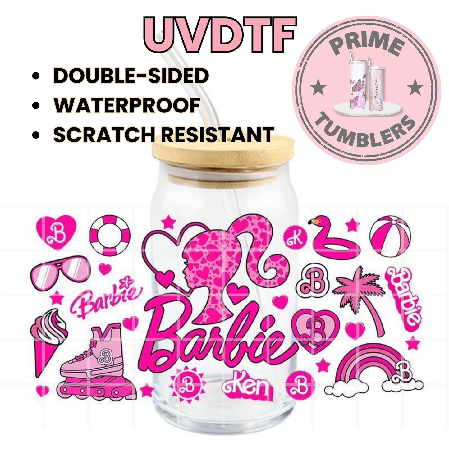 Barbie KEN pink 16oz Libbey Glass Cup Wrap UVDTF, Ready to apply decal STICKERS rainbow, beach ball, flamingo floatie and palm tree