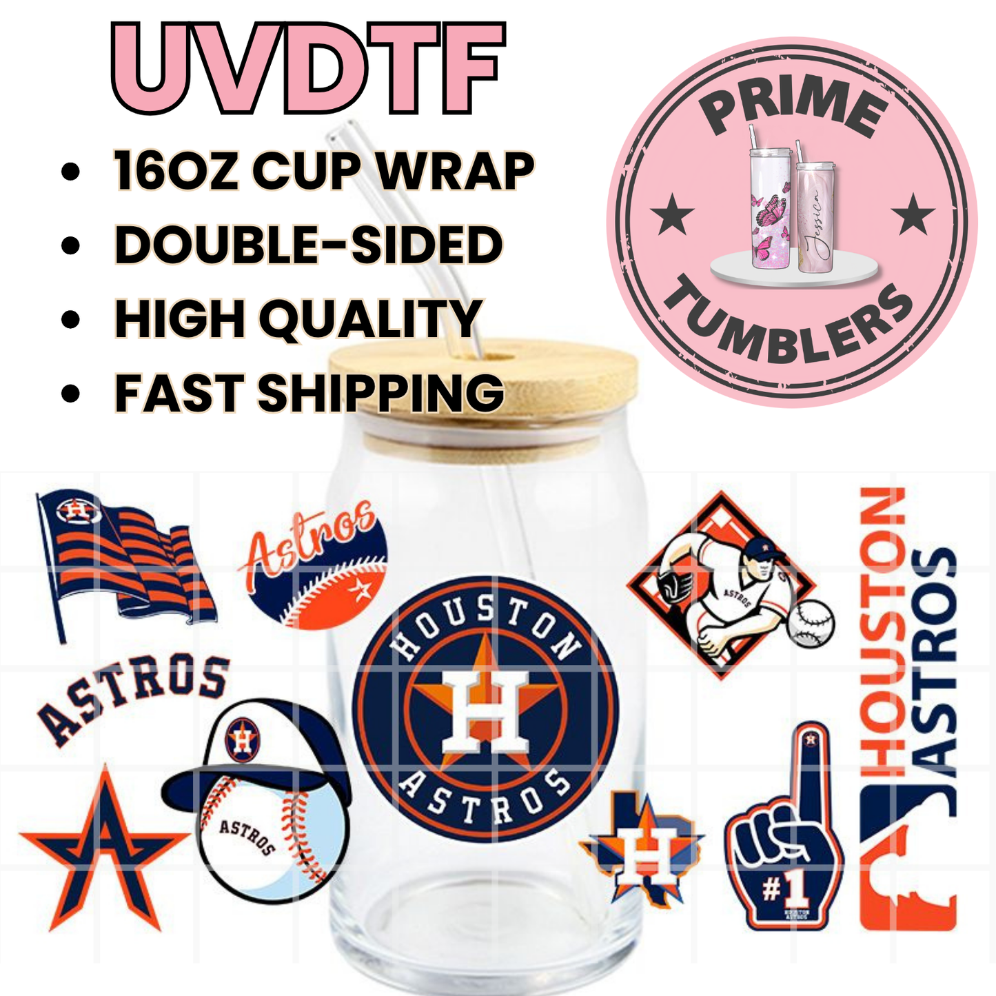 Houston ASTROS Texas BASEBALL Ready-to-press UVDTF Transfers, Cup wrap decals, Tumbler prints, 16oz Libbey Glass UV STICKERS