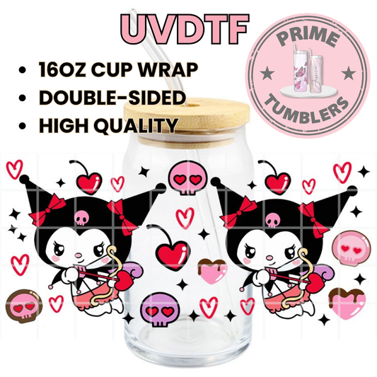 KUROMI Valentine’s 16oz UVDTF cup wrap, ready to apply STICKERS Friends pink black