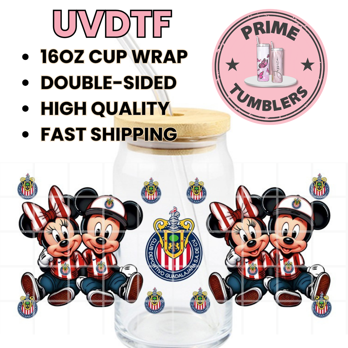Mickey and Minnie CHIVAS Guadalajara soccer Mexico team Ready-to-press UVDTF Transfers, Cup wrap decals, Tumbler prints, 16oz Libbey Glass UV STICKERS