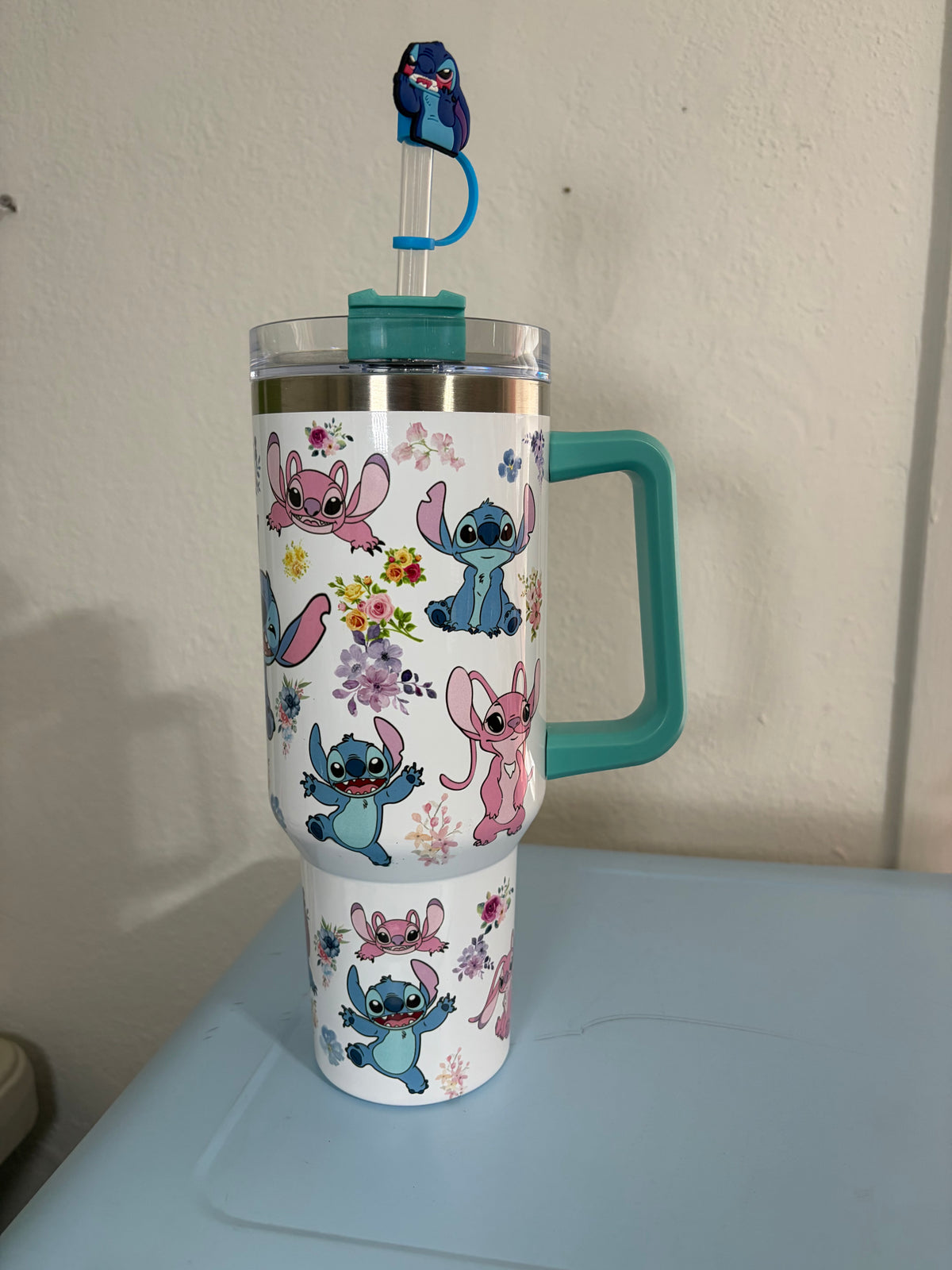 Stitch and Angel pink 40oz Tumbler STANLEY Dupe cup TEAL