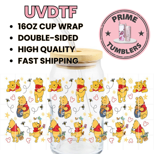 Winnie the Pooh 16oz Libbey Glass Cup Wrap UVDTF, Ready to apply decal STICKERS bees, stars, and flowers
