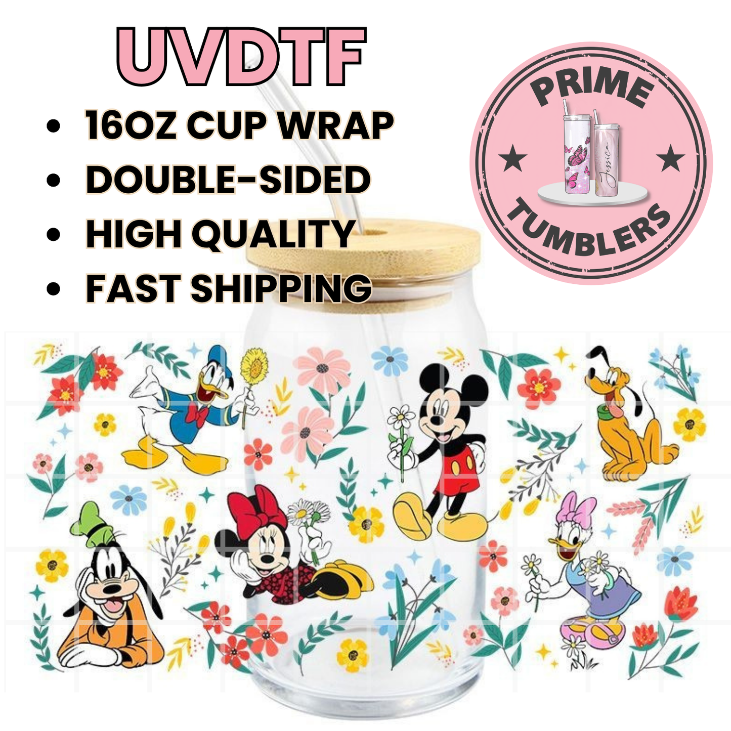 DISNEY Mickey and Minnie Mouse characters floral 16oz UVDTF cup wrap, ready to apply STICKERS Disneyland