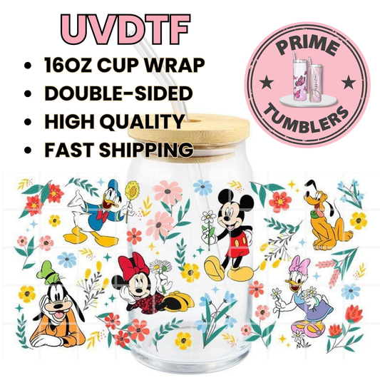 DISNEY Mickey and Minnie Mouse characters floral 16oz UVDTF cup wrap, ready to apply STICKERS Disneyland