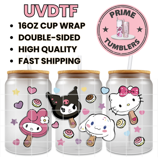 Popsicles SANRIO characters 16oz UVDTF cup wrap, ready to apply STICKERS Hello Kitty Cinnamonroll Kuromi Melody ice cream bars