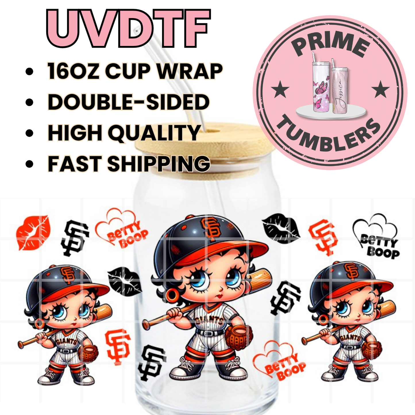 GIANTS BP Betty Boop SAN FRANCISCO baseball SF Ready-to-press UVDTF Transfers, Cup wrap decals, Tumbler prints, 16oz Libbey Glass UV STICKERS Baseball sport