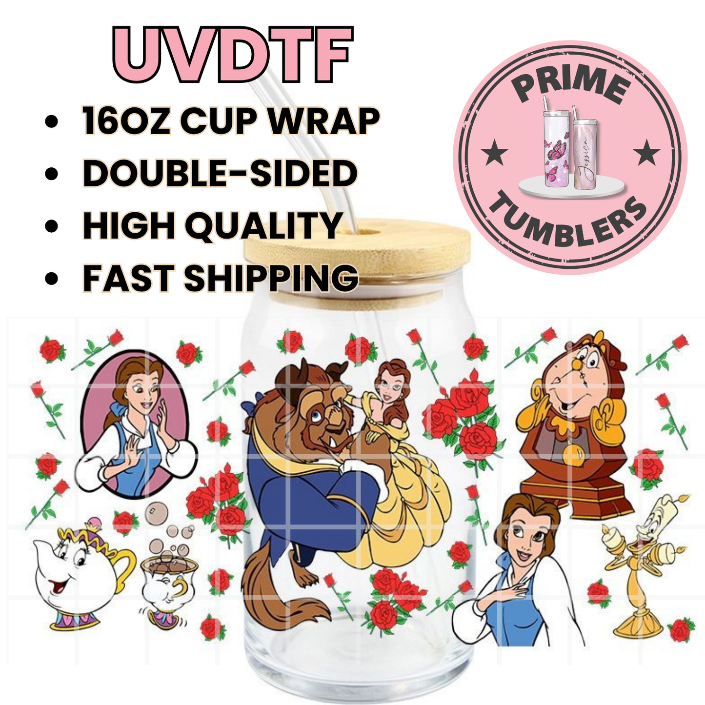Disney movie Beauty Belle and the Beast 16oz Libbey Glass Cup Wrap UVDTF, Ready to apply decal STICKERS Princess, Cogsworth, Lumière, Mrs. Potts, and Chip