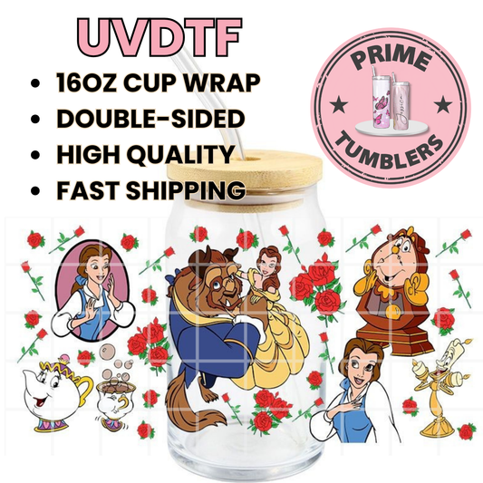 Disney movie Beauty Belle and the Beast 16oz Libbey Glass Cup Wrap UVDTF, Ready to apply decal STICKERS Princess, Cogsworth, Lumière, Mrs. Potts, and Chip