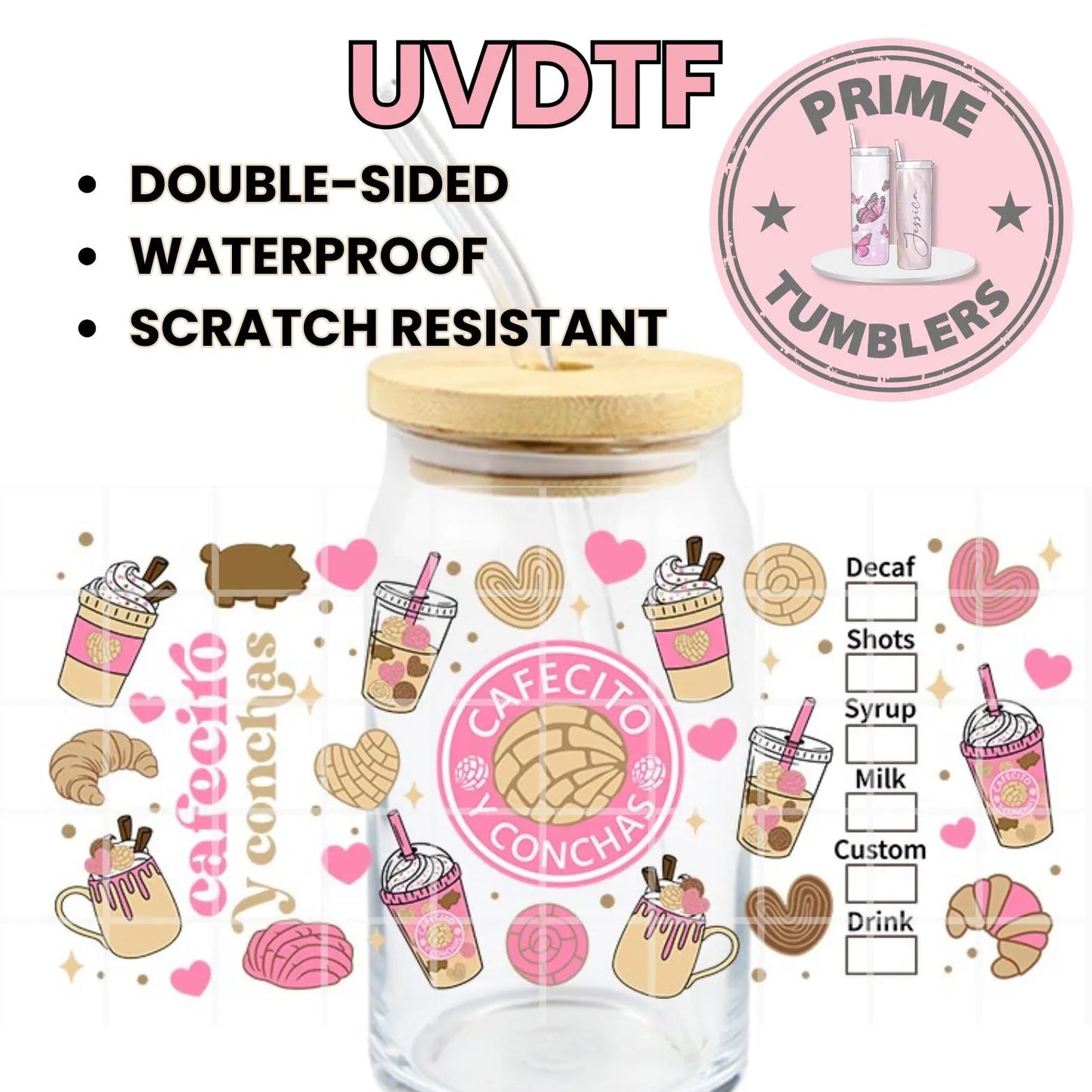 Cafecito y Conchas 16oz UVDTF cup wrap, ready to apply STICKERS