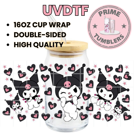 KUROMI hearts pink/black 16oz UVDTF cup wrap, ready to apply STICKERS Friends