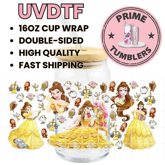 Disney Princess movie Beauty Belle and the Beast 16oz Libbey Glass Cup Wrap UVDTF, Ready to apply decal STICKERS yellow doll