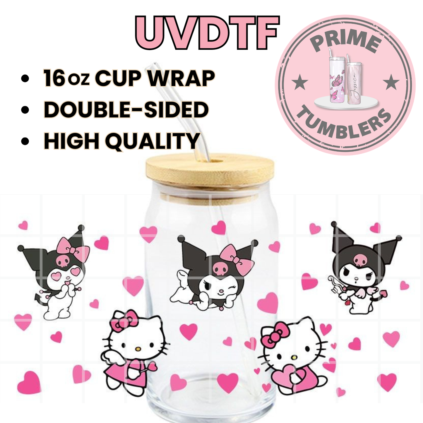 My MELODY and KUROMI 16oz UVDTF cup wrap, ready to apply STICKERS love hearts valentines
