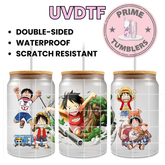 ONE PIECE Ready-to-press UVDTF Transfers, Cup wrap decals, Tumbler prints, 16oz Libbey Glass UV STICKERS Japanese Anime and Manga SERIES Monkey D. Luffy the King of the Pirates