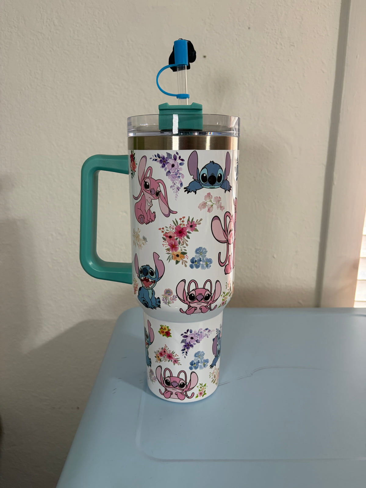 Stitch and Angel pink 40oz Tumbler STANLEY Dupe cup TEAL