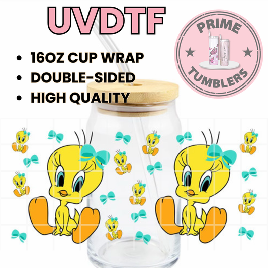 Tweety Bird flowers 16oz Libbey Glass Cup Wrap UVDTF, Ready to apply decal STICKERS Warner Bros Looney Tunes teal bow