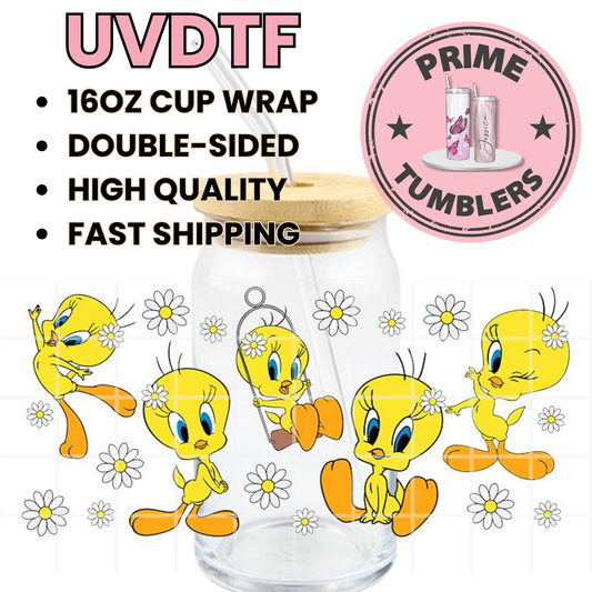Tweety Bird flowers yellow 16oz Libbey Glass Cup Wrap UVDTF, Ready to apply decal STICKERS Warner Bros Looney Tunes