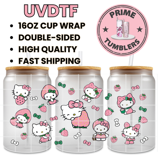 Strawberry Hello Kitty pink 16oz UVDTF cup wrap, ready to apply STICKERS Sanrio HK strawberries Kawaii