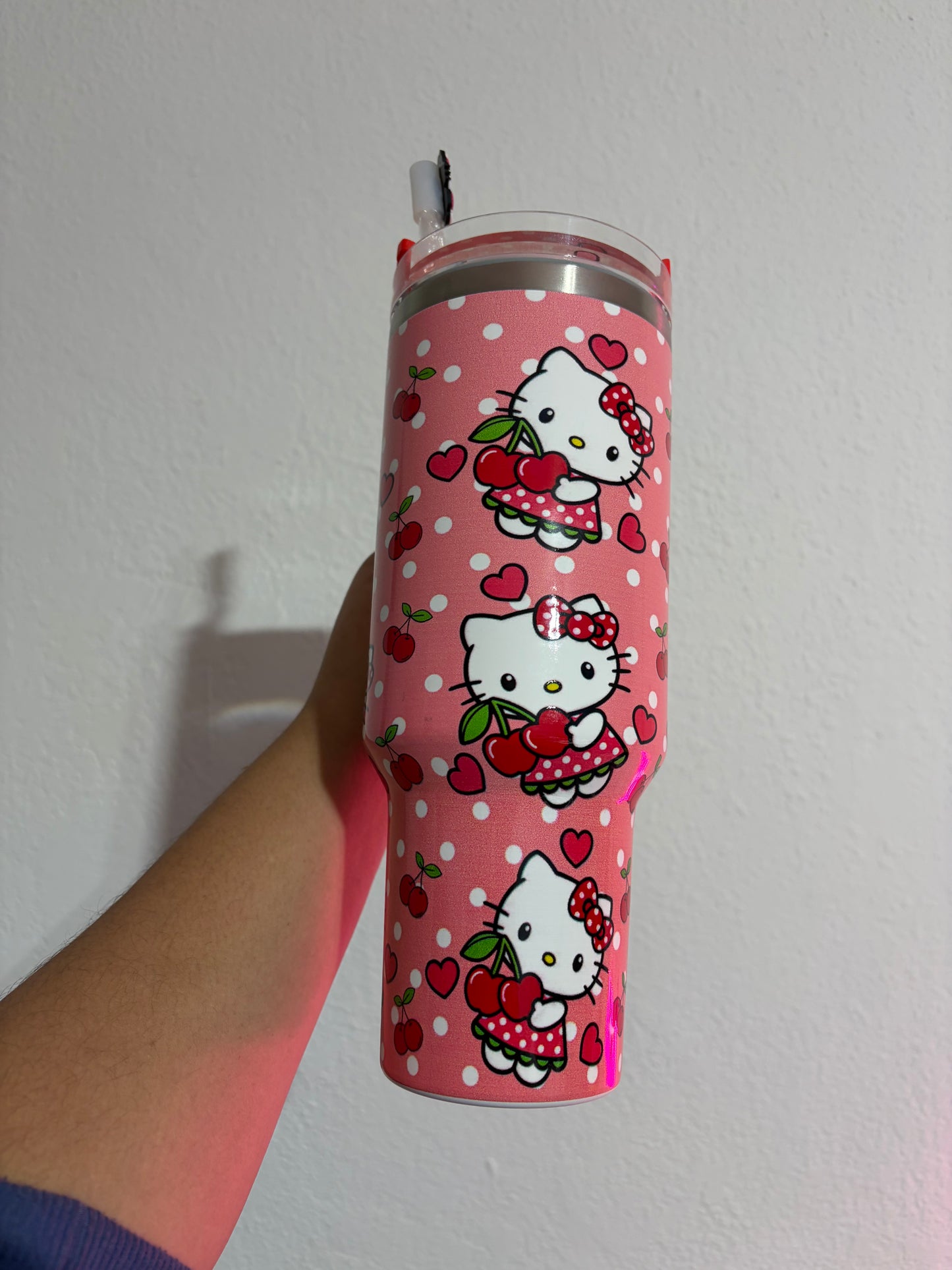 Hello Kitty CHERRY and hearts 40oz Stainless Steel Tumbler | Stanley Dupe SANRIO pink