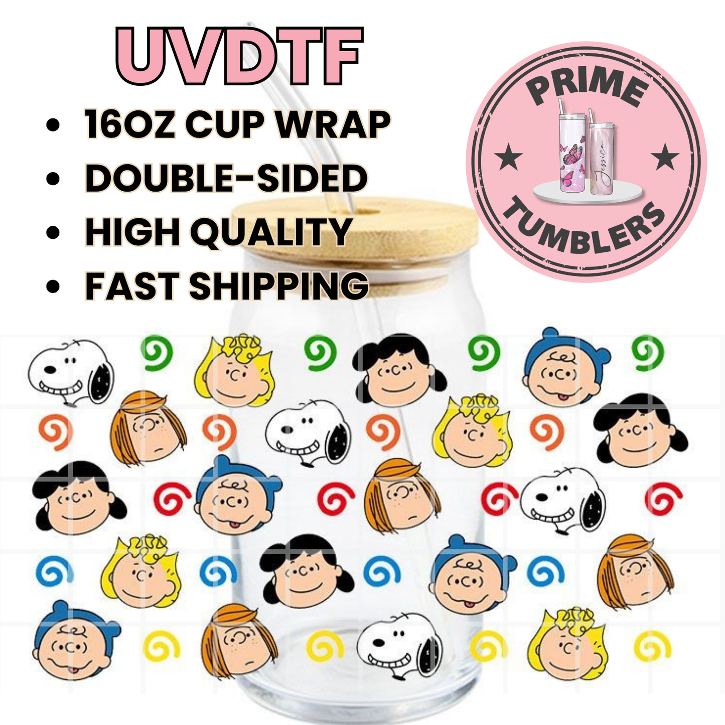 SNOOPY AND friends 16oz UVDTF cup wrap, ready to apply STICKERS