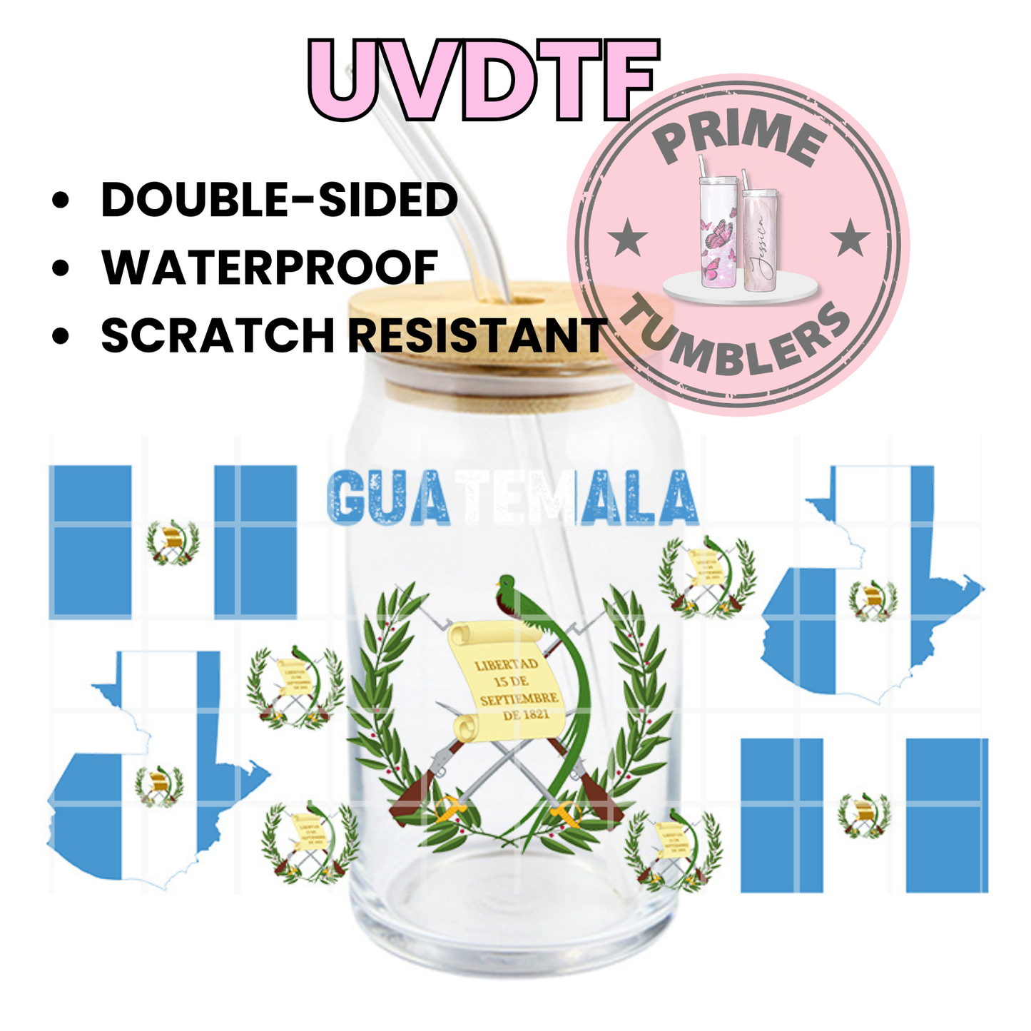 Guatemala flag Ready-to-press UVDTF Transfers, Cup wrap decals, Tumbler prints, 16oz Libbey Glass UV STICKERS guatemalan logo