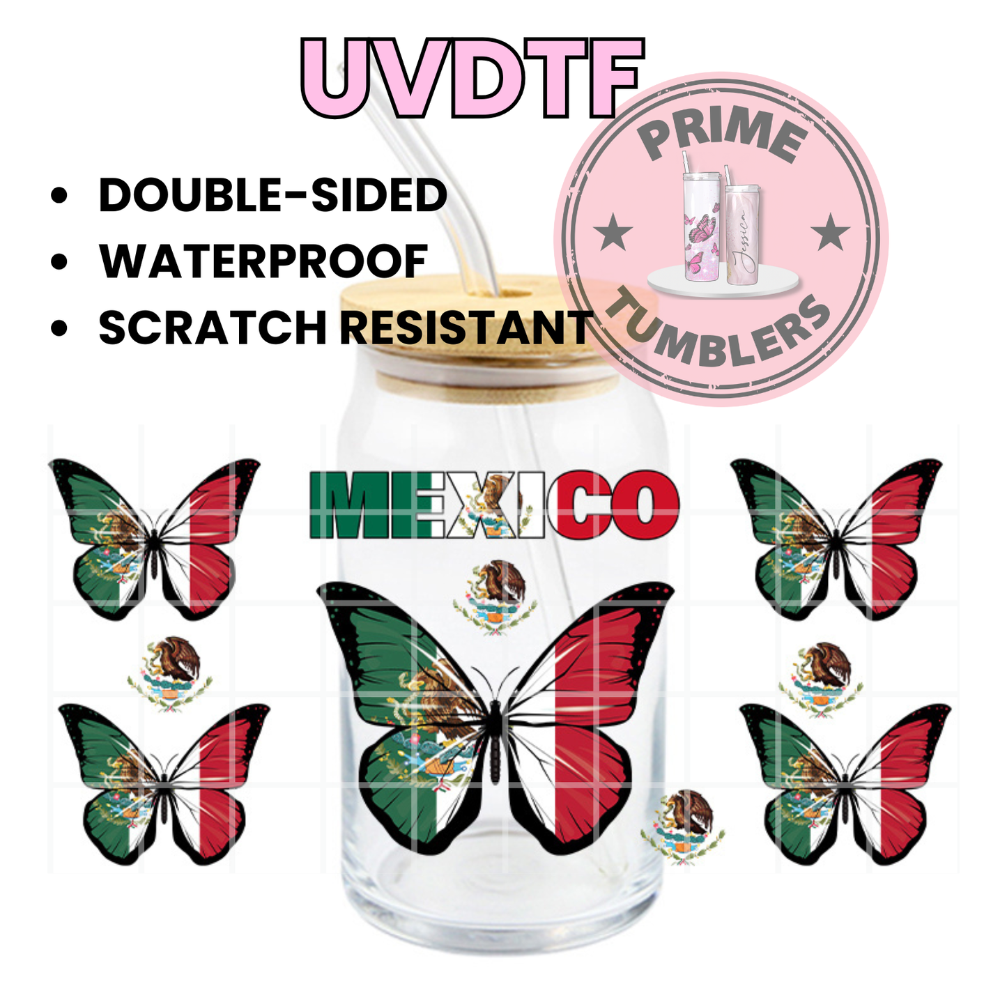 Mexico Mexican Bufferfly FLAG Ready-to-press UVDTF Transfers, Cup wrap decals, Tumbler prints, 16oz Libbey Glass UV STICKERS butterflies