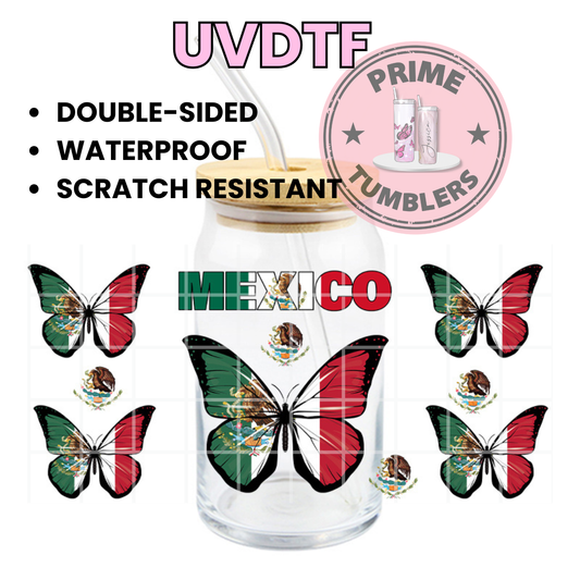 Mexico Mexican Bufferfly FLAG Ready-to-press UVDTF Transfers, Cup wrap decals, Tumbler prints, 16oz Libbey Glass UV STICKERS butterflies