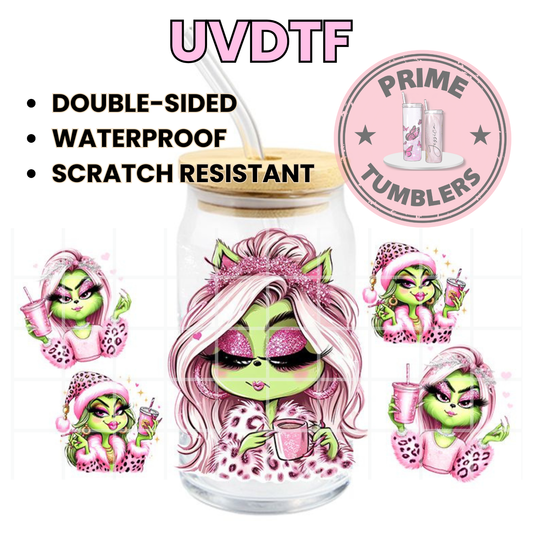 Grinch girl pink Ready-to-press UVDTF Transfers, Cup wrap decals, Tumbler prints, 16oz Libbey Glass UV STICKERS Merry CHRISTMAS