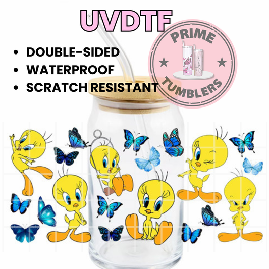 Tweety Bird Butterfly BLUE Butterflies 16oz Libbey Glass Cup Wrap UVDTF, Ready to apply decal STICKERS Warner Bros Looney Tunes yellow canary sweetie cartoon EXCLUSIVE