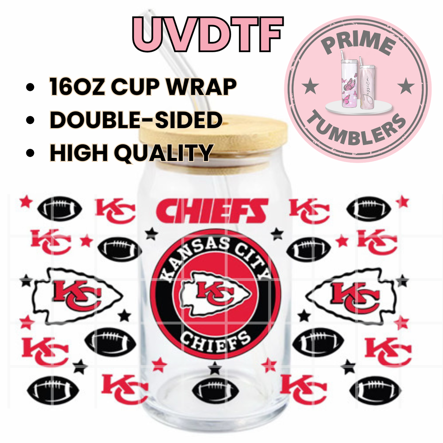 Kansas City Chiefs Football team 16oz UVDTF cup wrap, ready to apply STICKERS red double side Middle logo