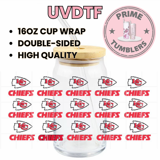 Kansas City Chiefs Football team 16oz UVDTF cup wrap, ready to apply STICKERS red double side small logos