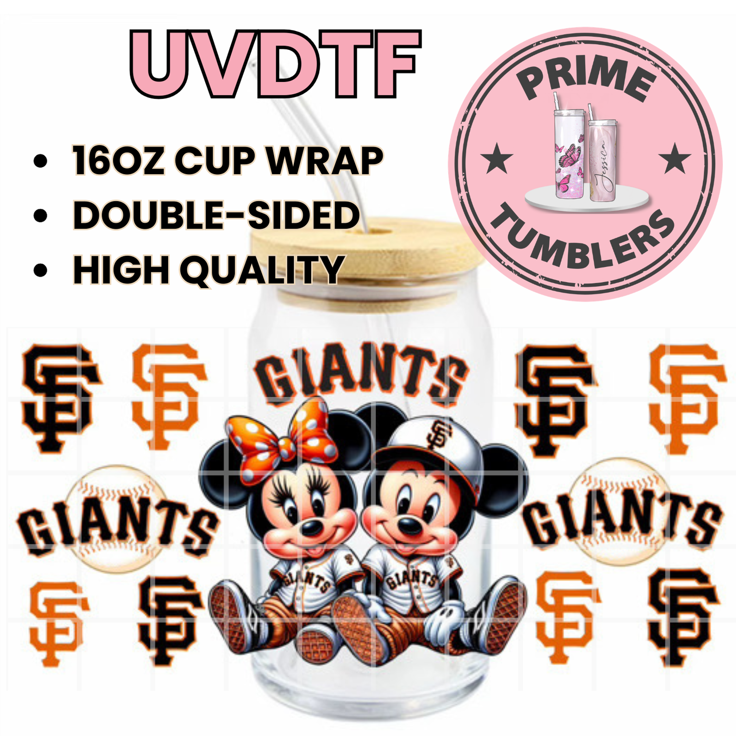 GIANTS Mickey and Minnie Mouse SAN FRANCISCO baseball SF Ready-to-press UVDTF Transfers, Cup wrap decals, Tumbler prints, 16oz Libbey Glass UV STICKERS Baseball sport orange