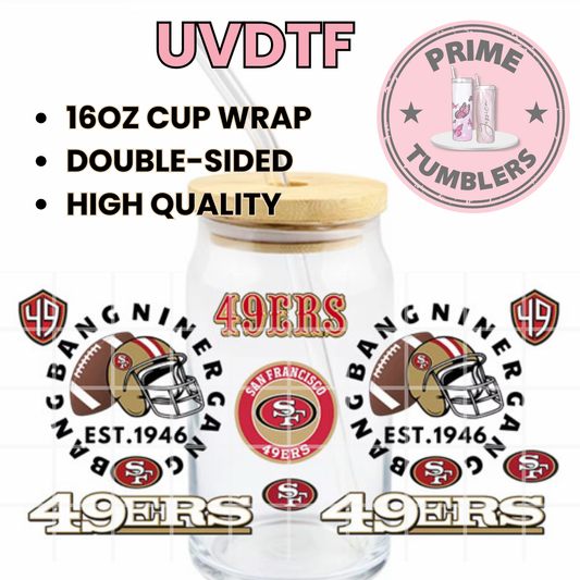 BANG BANG Forty Niners Football 49ers SF San Francisco 16oz UVDTF cup wrap, ready to apply STICKERS black double side