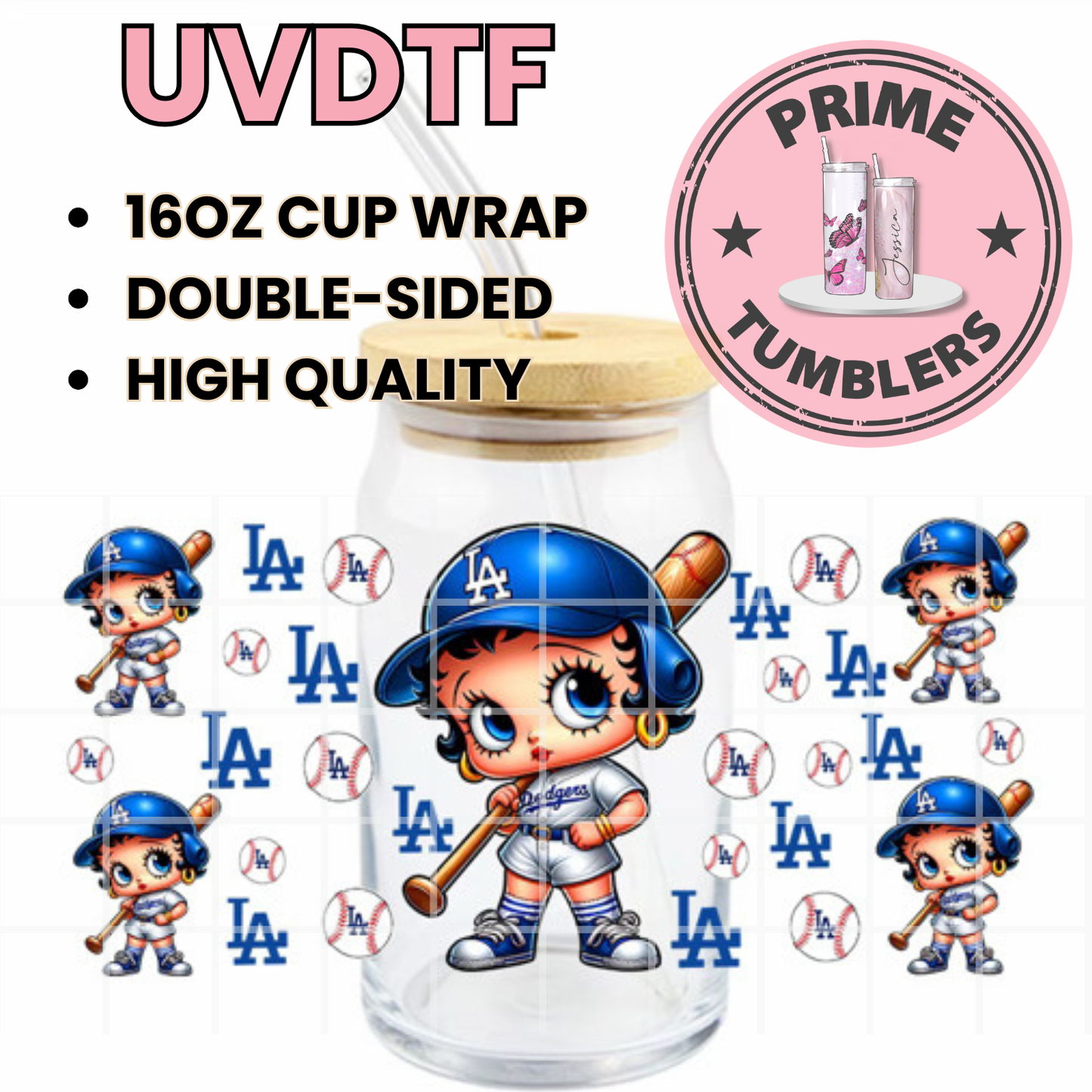 LA Dodgers Los Angeles baseball Betty Boop BB Ready-to-press UVDTF Transfers, Cup wrap decals, Tumbler prints, 16oz Libbey Glass UV STICKERS BLUE