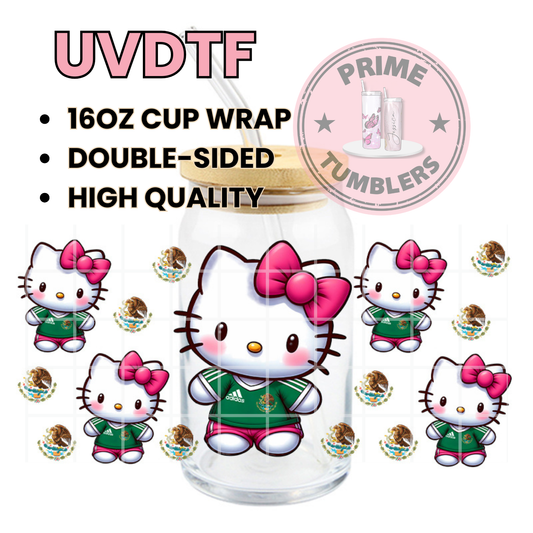 Hello Kitty Mexico 16oz UVDTF cup wrap, ready to apply STICKERS Sanrio HK Kawaii pink bow green shirt