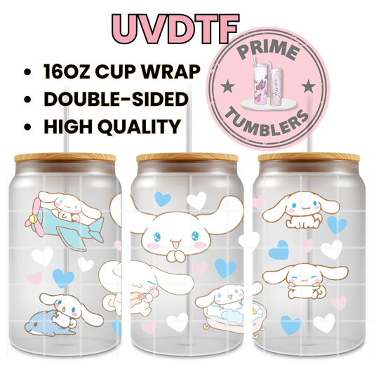 Sanrio Cinnamonroll white Ready-to-press UVDTF Transfers, Cup wrap decals, Tumbler prints, 16oz Libbey Glass UV STICKERS blue hearts