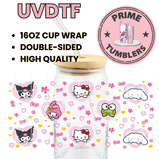 Hello Kitty and Friends flowers hearts many 16oz UVDTF cup wrap, ready to apply STICKERS Sanrio HK Kawaii