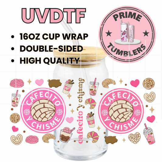 Cafecito y chisme tan coffee 16oz UVDTF cup wrap, ready to apply STICKERS Double side