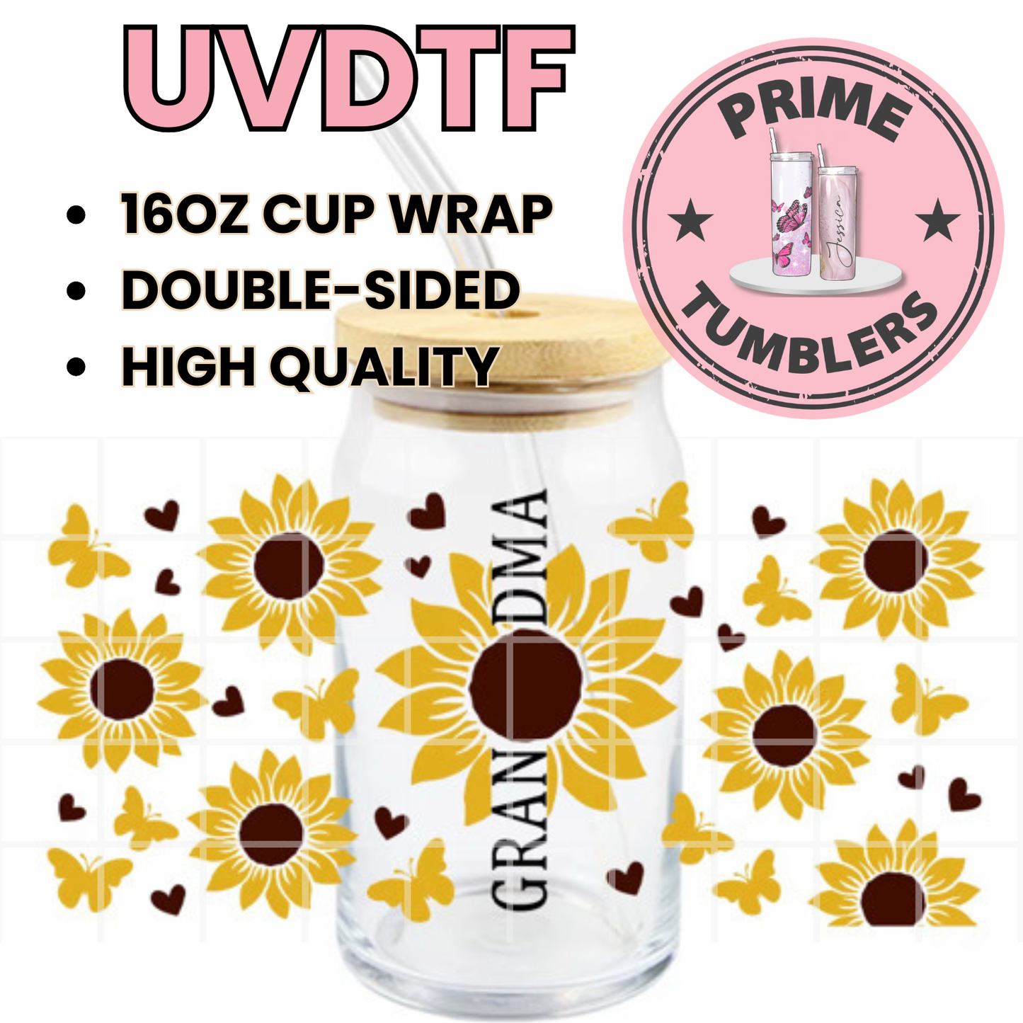 GRANDMA sunflowers butterflies yellow 16oz UVDTF cup wrap, ready to apply STICKERS on