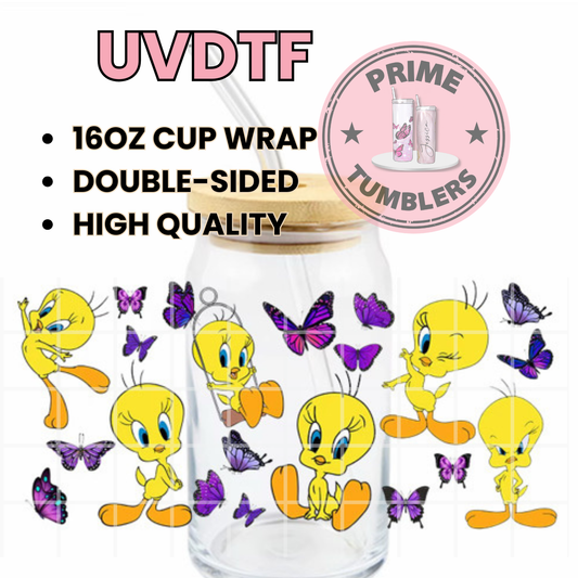 Tweety Bird Butterfly PURPLE Butterflies 16oz Libbey Glass Cup Wrap UVDTF, Ready to apply decal STICKERS Warner Bros Looney Tunes yellow canary sweetie cartoon EXCLUSIVE double side