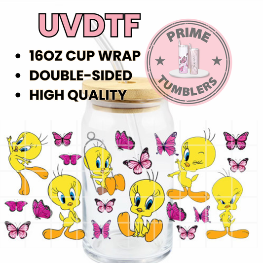 Tweety Bird Butterfly PINK Butterflies 16oz Libbey Glass Cup Wrap UVDTF, Ready to apply decal STICKERS Warner Bros Looney Tunes yellow canary sweetie cartoon EXCLUSIVE double side