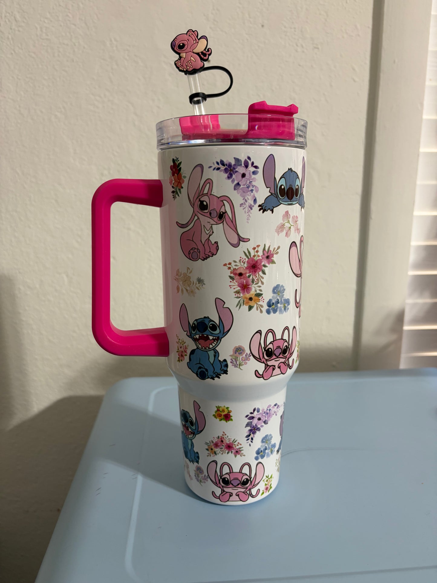Stitch and Angel pink 40oz Tumbler STANLEY Dupe cup hot Pink