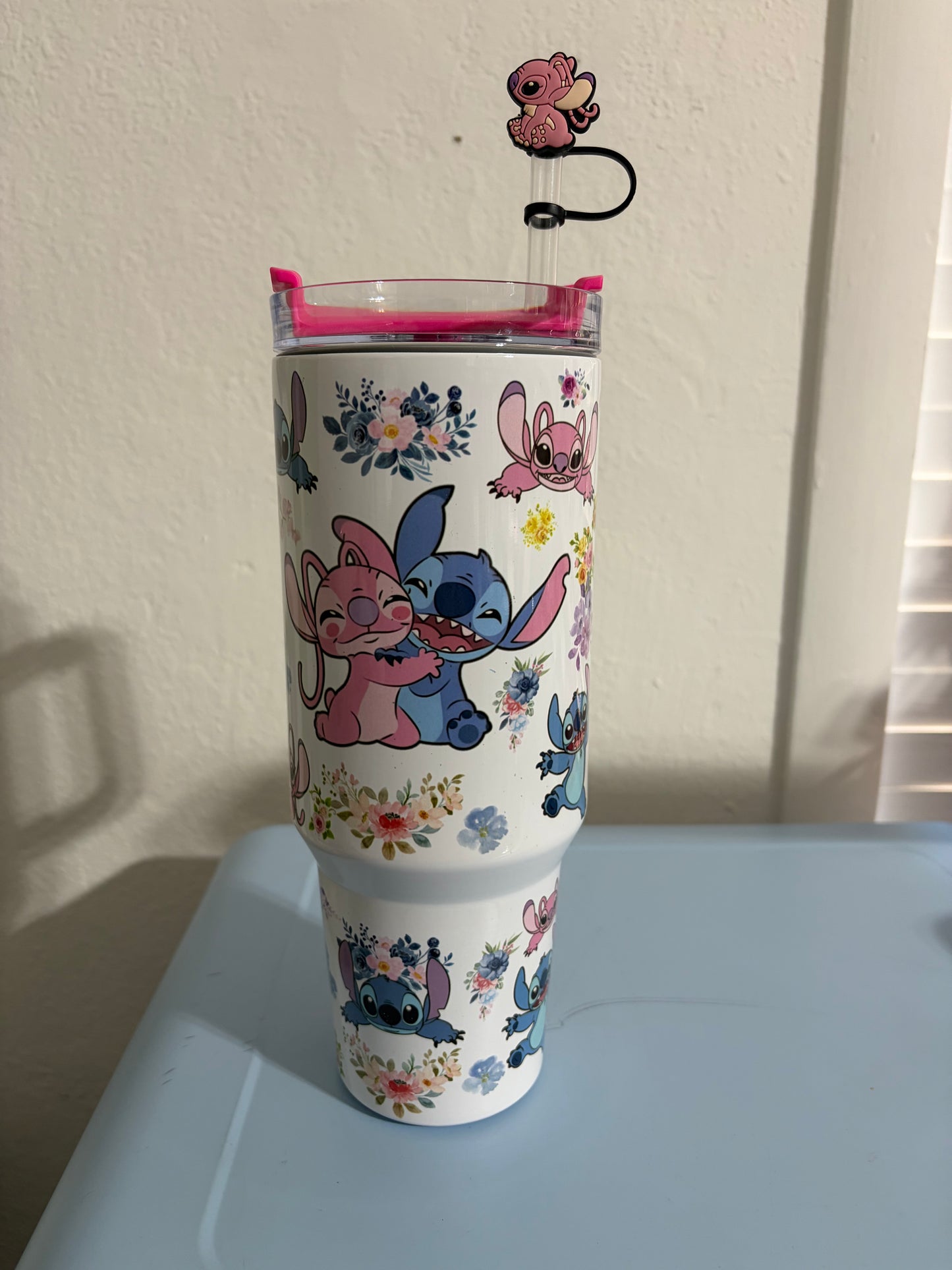 Stitch and Angel pink 40oz Tumbler STANLEY Dupe cup hot Pink