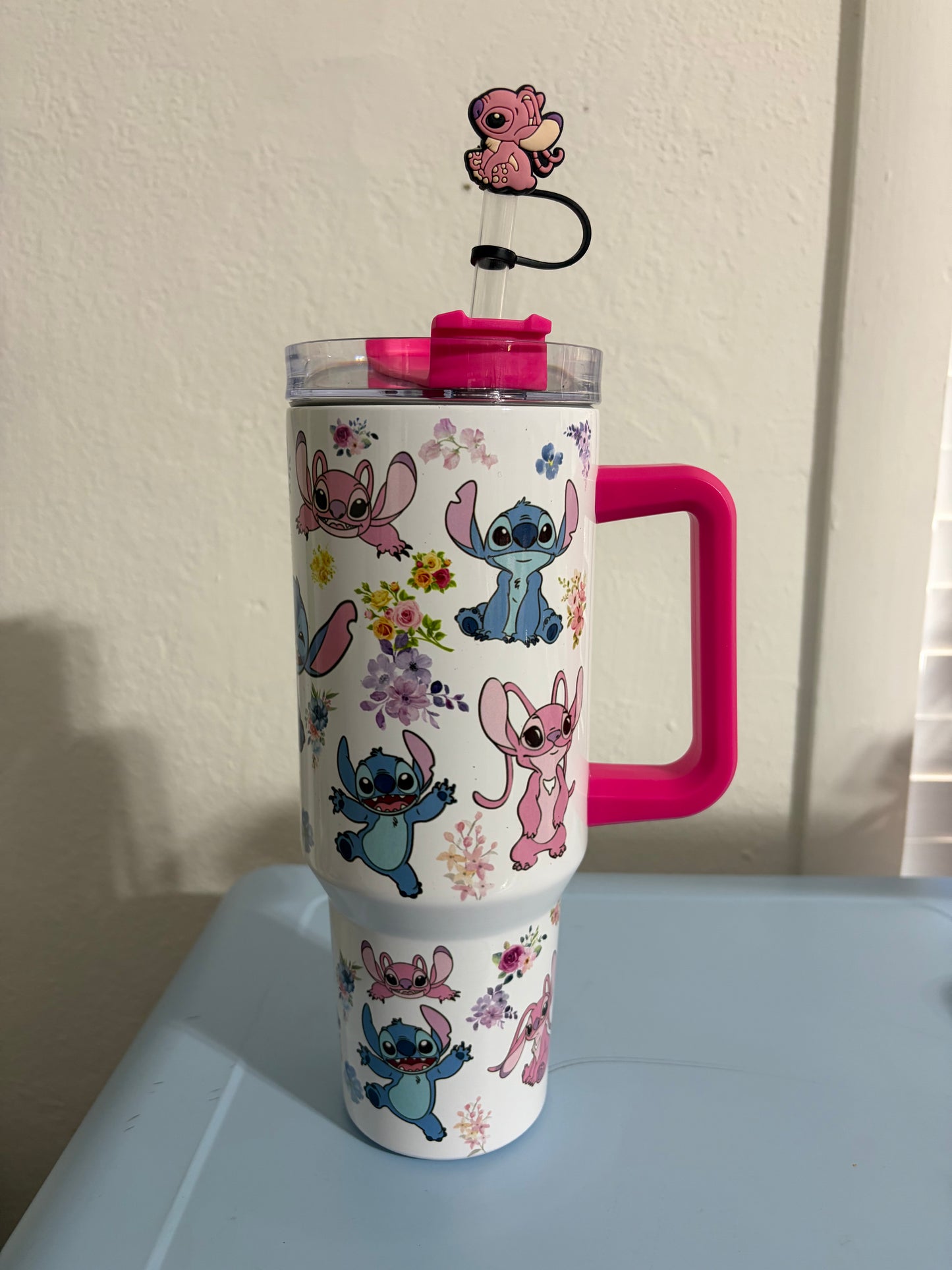 Stitch and Angel pink 40oz Tumbler STANLEY Dupe cup hot Pink
