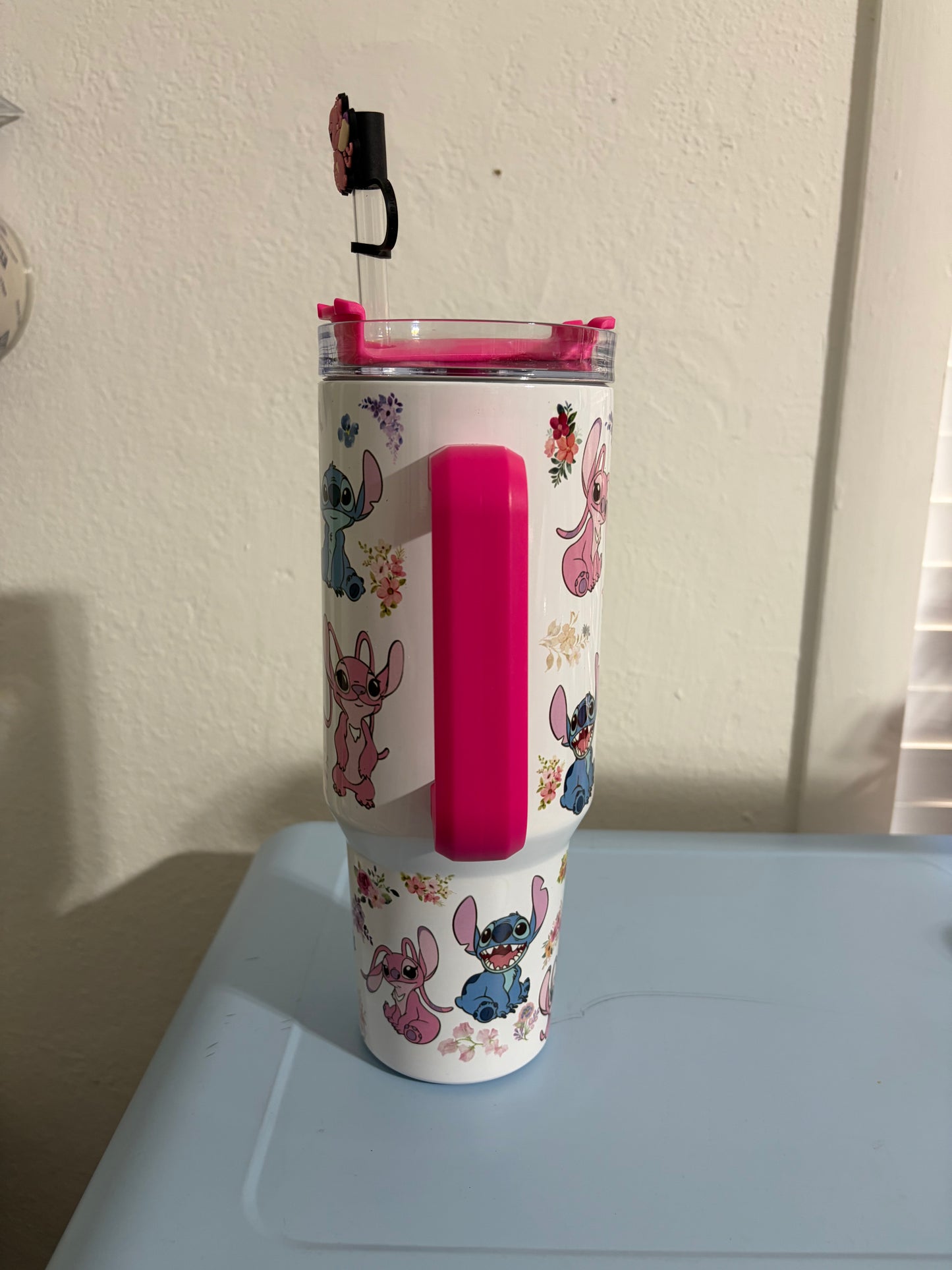 Stitch and Angel pink 40oz Tumbler STANLEY Dupe cup hot Pink
