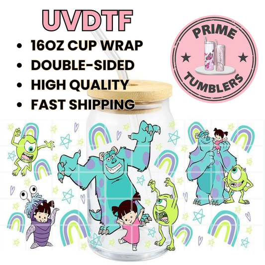 Disney Monsters Inc movie 16oz UVDTF cup wrap, ready to apply STICKERS Decals James P. Sullivan, Mike Wazowski, and Boo