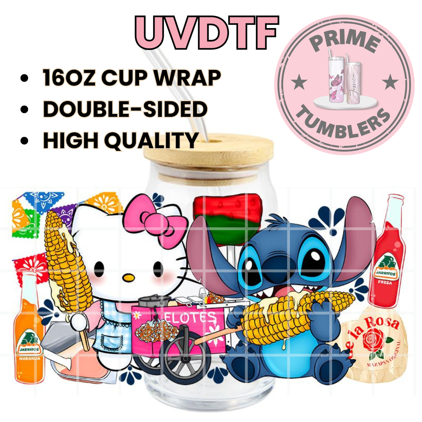 Hello Kitty and STITCH Mexico snacks Candies 16oz UVDTF cup wrap, ready to apply STICKERS Sanrio HK Kawaii